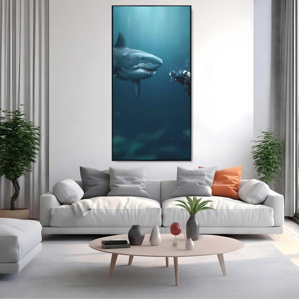 Tablou Canvas Premium, LuxCanva® M1412, Intalnire in Adancuri, Rechin, Ocean, Apa, Explorare, Aventura, Scafandru, Curaj, Captura, Supravietuire, Birou, Living, Camera Copil