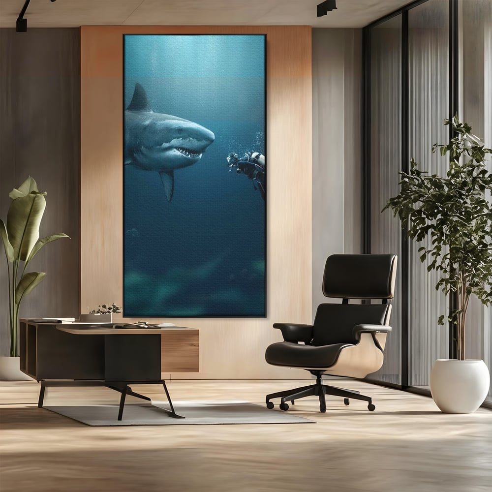 Tablou Canvas Premium, LuxCanva® M1412, Intalnire in Adancuri, Rechin, Ocean, Apa, Explorare, Aventura, Scafandru, Curaj, Captura, Supravietuire, Birou, Living, Camera Copil