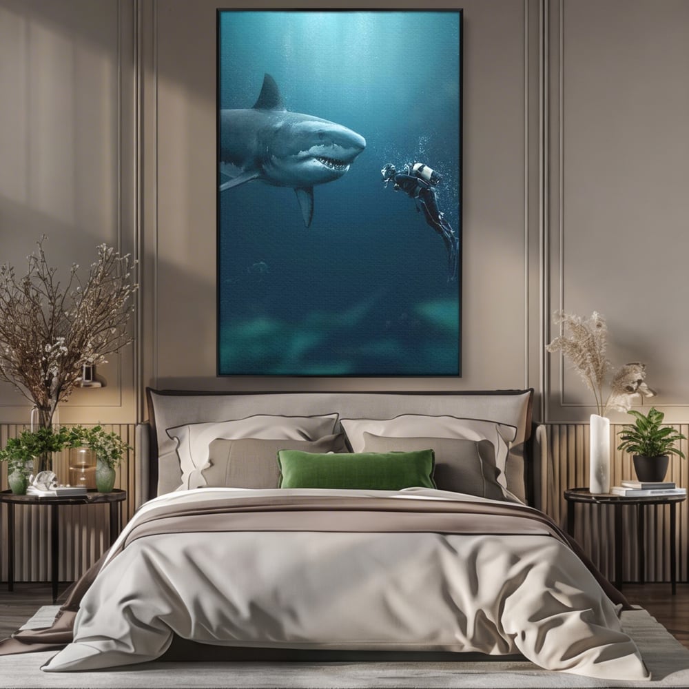 Tablou Canvas Premium, LuxCanva® M1412, Intalnire in Adancuri, Rechin, Ocean, Apa, Explorare, Aventura, Scafandru, Curaj, Captura, Supravietuire, Birou, Living, Camera Copil