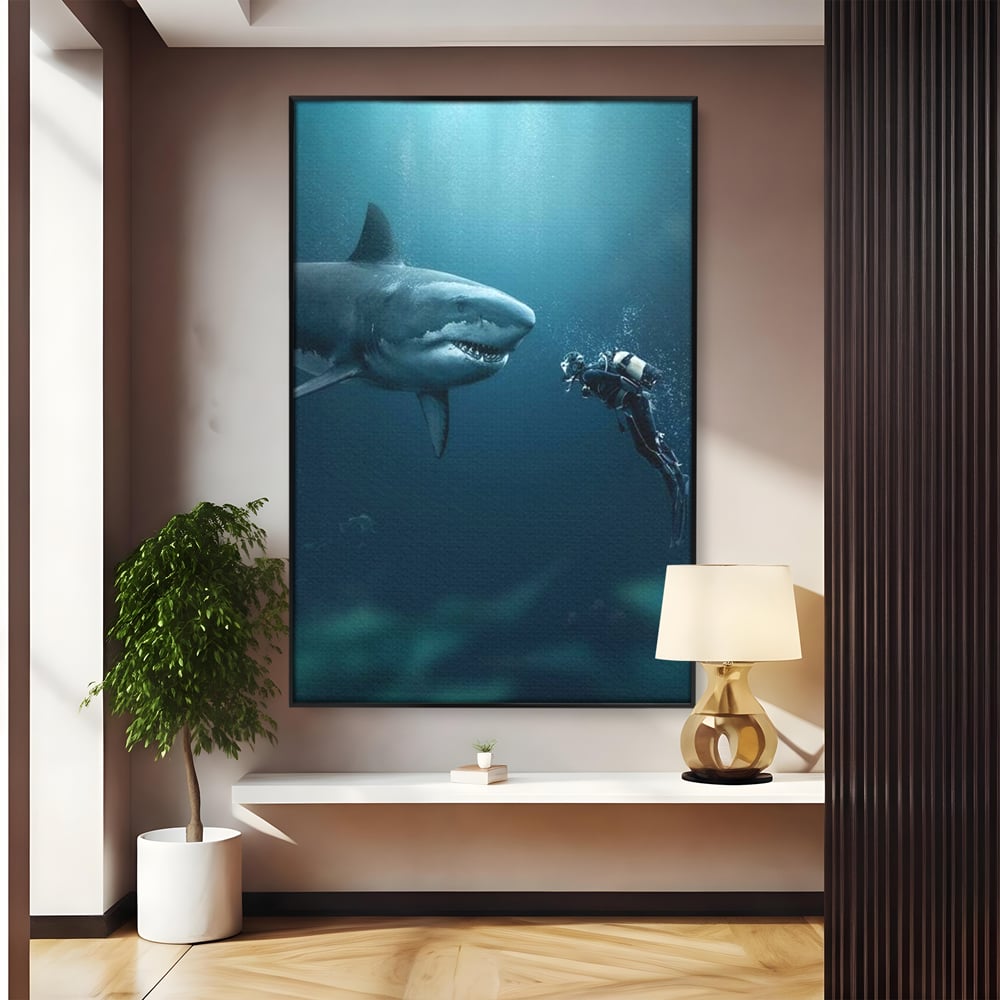 Tablou Canvas Premium, LuxCanva® M1412, Intalnire in Adancuri, Rechin, Ocean, Apa, Explorare, Aventura, Scafandru, Curaj, Captura, Supravietuire, Birou, Living, Camera Copil