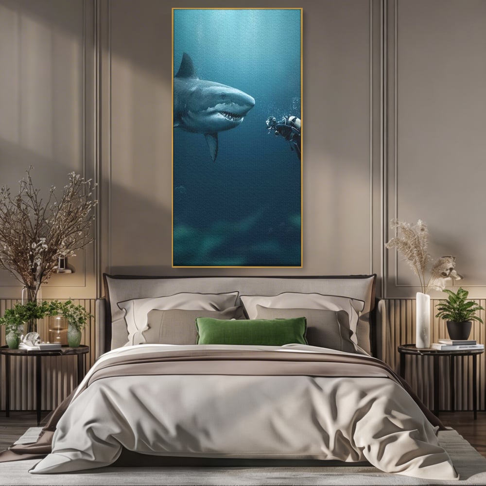 Tablou Canvas Premium, LuxCanva® M1412, Intalnire in Adancuri, Rechin, Ocean, Apa, Explorare, Aventura, Scafandru, Curaj, Captura, Supravietuire, Birou, Living, Camera Copil