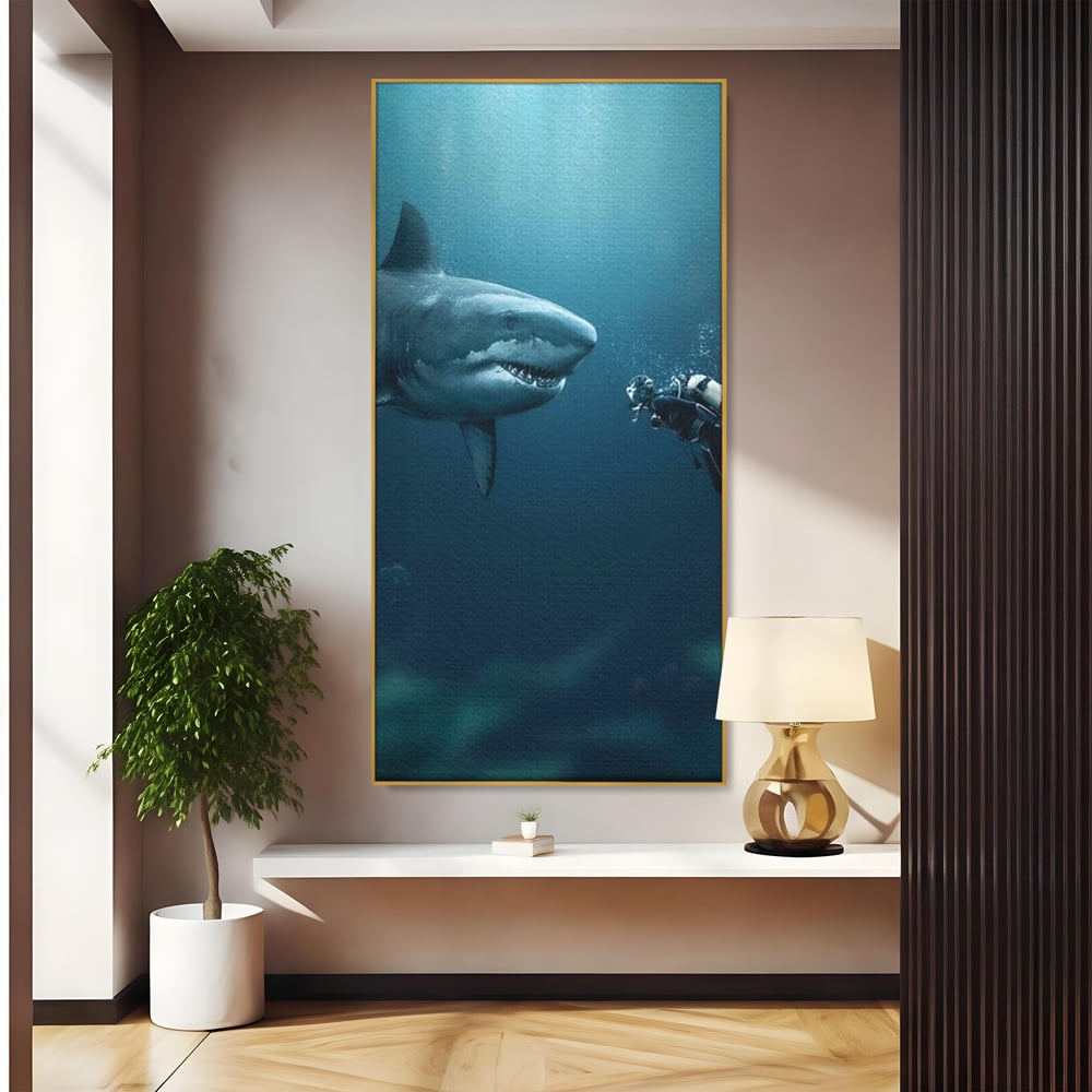 Tablou Canvas Premium, LuxCanva® M1412, Intalnire in Adancuri, Rechin, Ocean, Apa, Explorare, Aventura, Scafandru, Curaj, Captura, Supravietuire, Birou, Living, Camera Copil