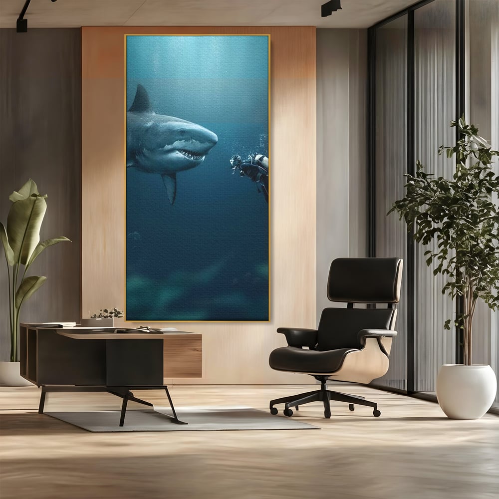 Tablou Canvas Premium, LuxCanva® M1412, Intalnire in Adancuri, Rechin, Ocean, Apa, Explorare, Aventura, Scafandru, Curaj, Captura, Supravietuire, Birou, Living, Camera Copil