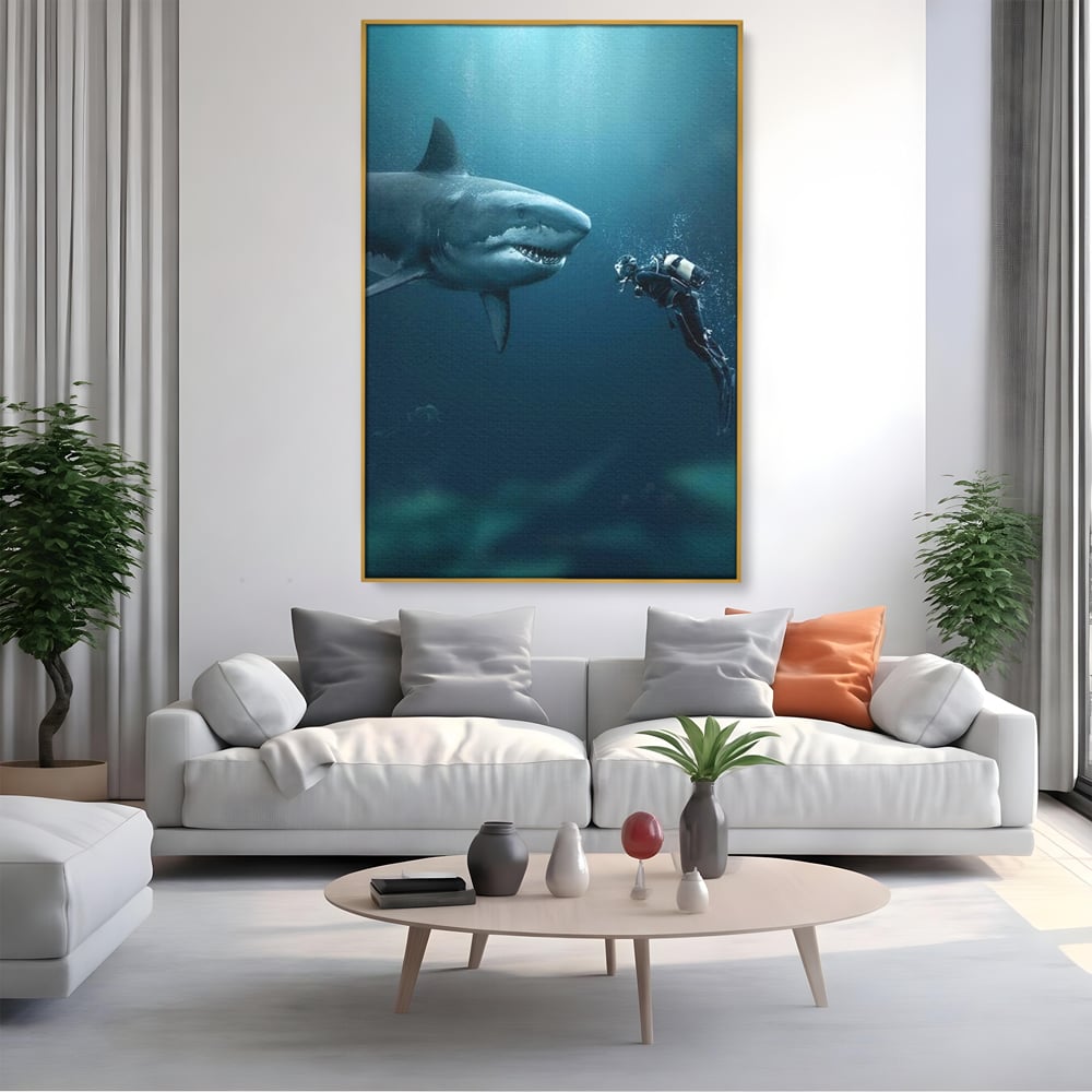 Tablou Canvas Premium, LuxCanva® M1412, Intalnire in Adancuri, Rechin, Ocean, Apa, Explorare, Aventura, Scafandru, Curaj, Captura, Supravietuire, Birou, Living, Camera Copil
