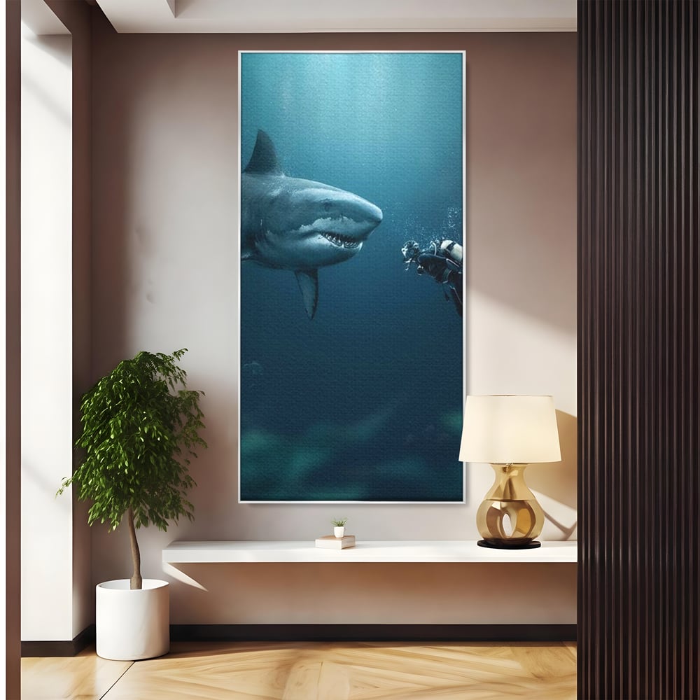 Tablou Canvas Premium, LuxCanva® M1412, Intalnire in Adancuri, Rechin, Ocean, Apa, Explorare, Aventura, Scafandru, Curaj, Captura, Supravietuire, Birou, Living, Camera Copil