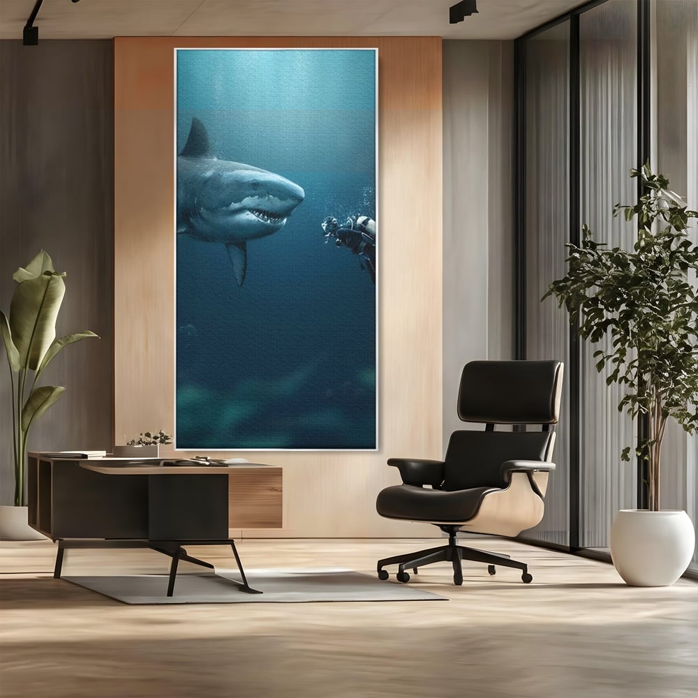Tablou Canvas Premium, LuxCanva® M1412, Intalnire in Adancuri, Rechin, Ocean, Apa, Explorare, Aventura, Scafandru, Curaj, Captura, Supravietuire, Birou, Living, Camera Copil