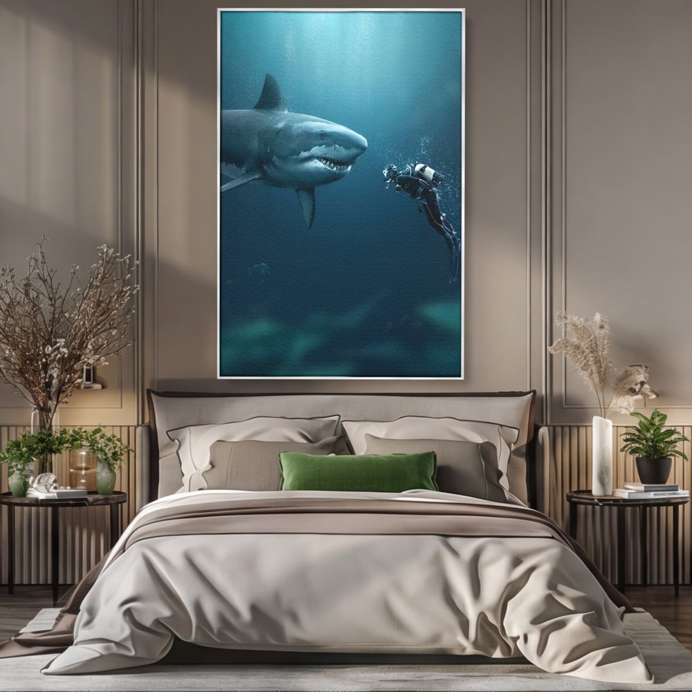 Tablou Canvas Premium, LuxCanva® M1412, Intalnire in Adancuri, Rechin, Ocean, Apa, Explorare, Aventura, Scafandru, Curaj, Captura, Supravietuire, Birou, Living, Camera Copil