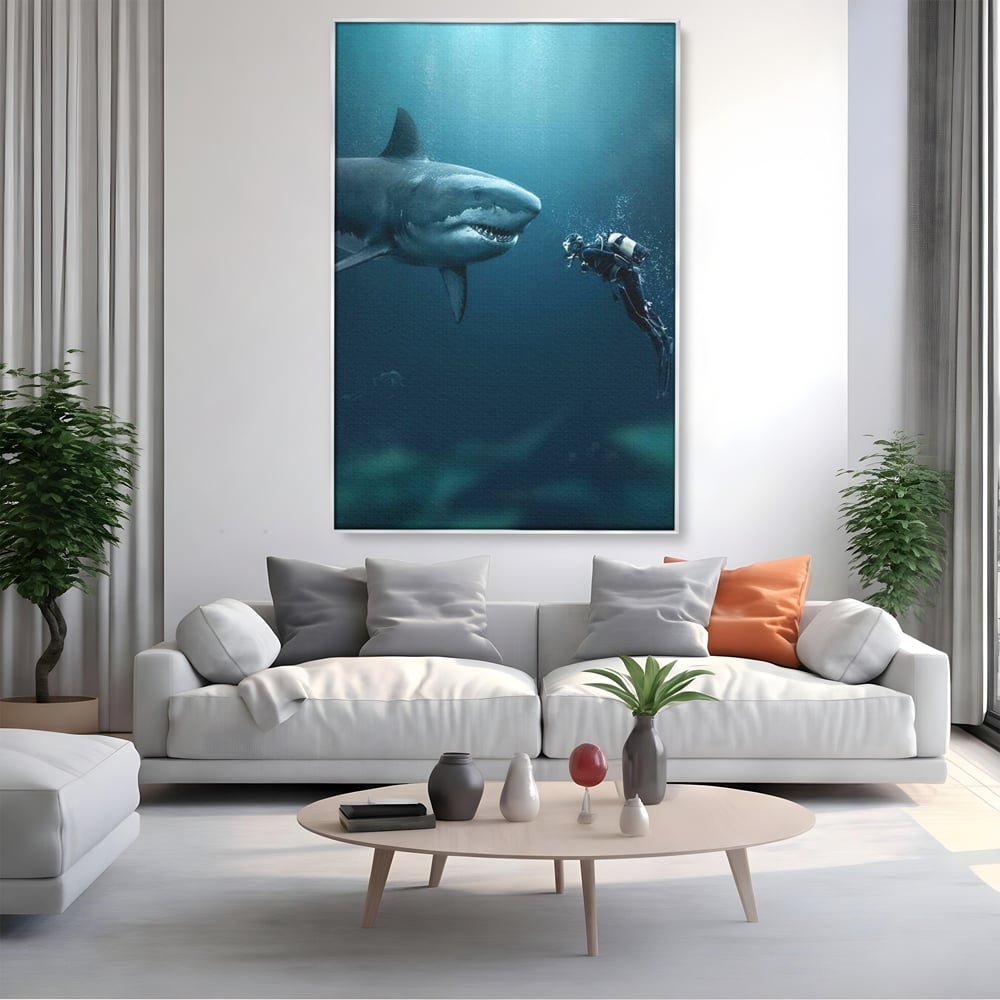 Tablou Canvas Premium, LuxCanva® M1412, Intalnire in Adancuri, Rechin, Ocean, Apa, Explorare, Aventura, Scafandru, Curaj, Captura, Supravietuire, Birou, Living, Camera Copil