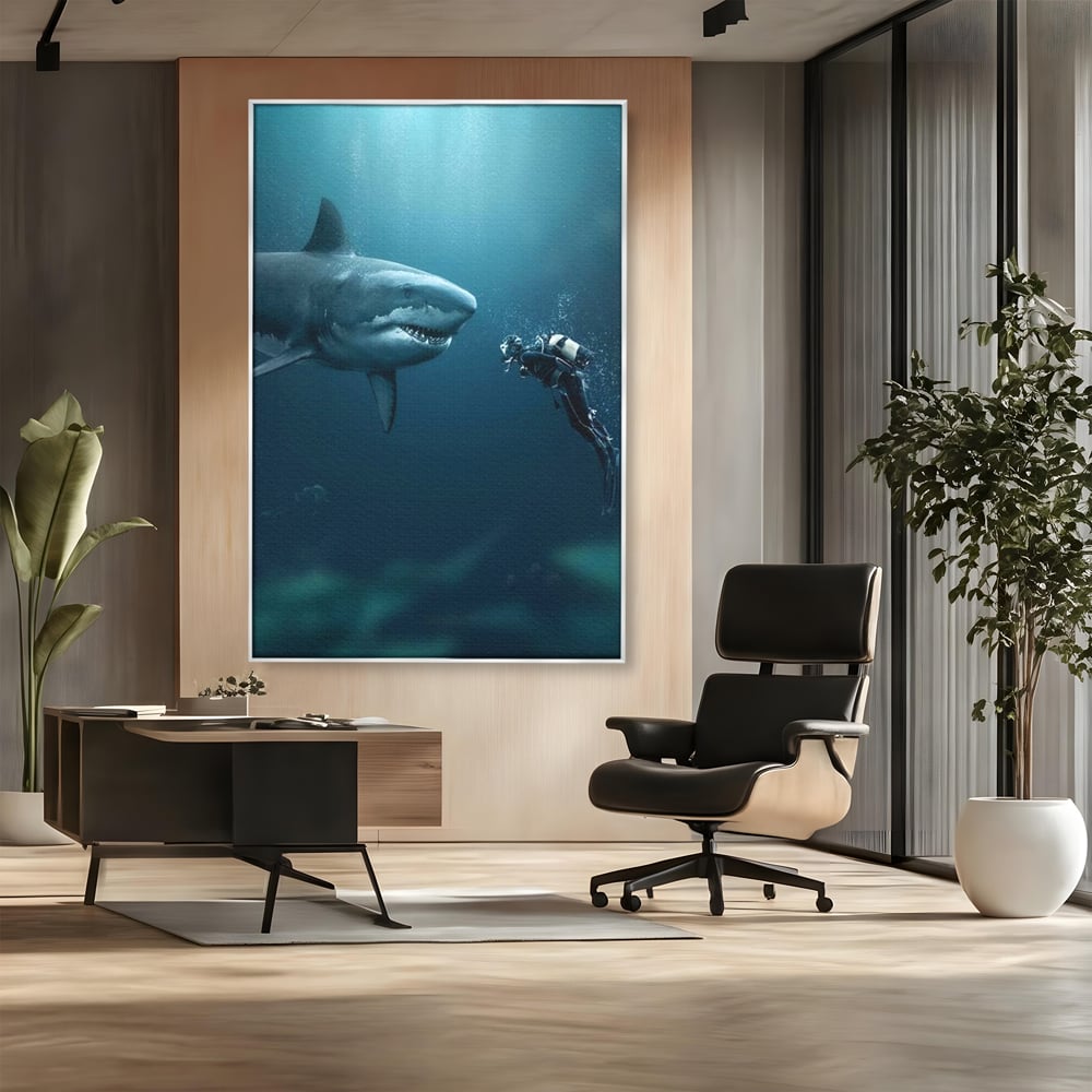 Tablou Canvas Premium, LuxCanva® M1412, Intalnire in Adancuri, Rechin, Ocean, Apa, Explorare, Aventura, Scafandru, Curaj, Captura, Supravietuire, Birou, Living, Camera Copil