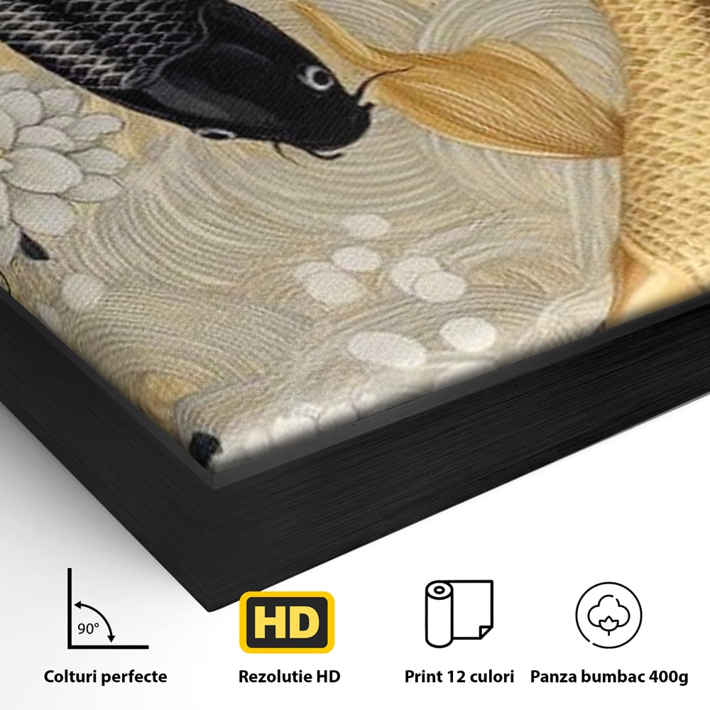 Leinwandbilder Premium, LuxCanva® M1414, Gold und Geheimnis in den Tiefen, Harmonie, Blumen, Schwarz, Gold, Wohlstand, Fische, Koi, Fische, Meditation, Meditation, Zen, Orientalisch, Büro, Wohnen, Kinderzimmer