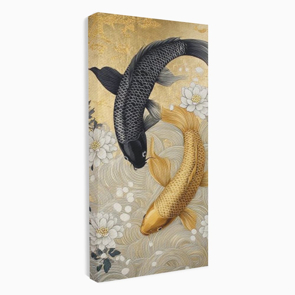 Leinwandbilder Premium, LuxCanva® M1414, Gold und Geheimnis in den Tiefen, Harmonie, Blumen, Schwarz, Gold, Wohlstand, Fische, Koi, Fische, Meditation, Meditation, Zen, Orientalisch, Büro, Wohnen, Kinderzimmer