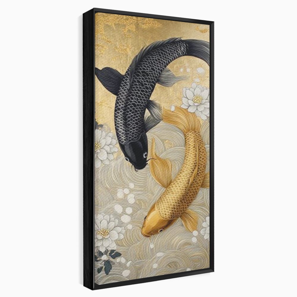 Leinwandbilder Premium, LuxCanva® M1414, Gold und Geheimnis in den Tiefen, Harmonie, Blumen, Schwarz, Gold, Wohlstand, Fische, Koi, Fische, Meditation, Meditation, Zen, Orientalisch, Büro, Wohnen, Kinderzimmer