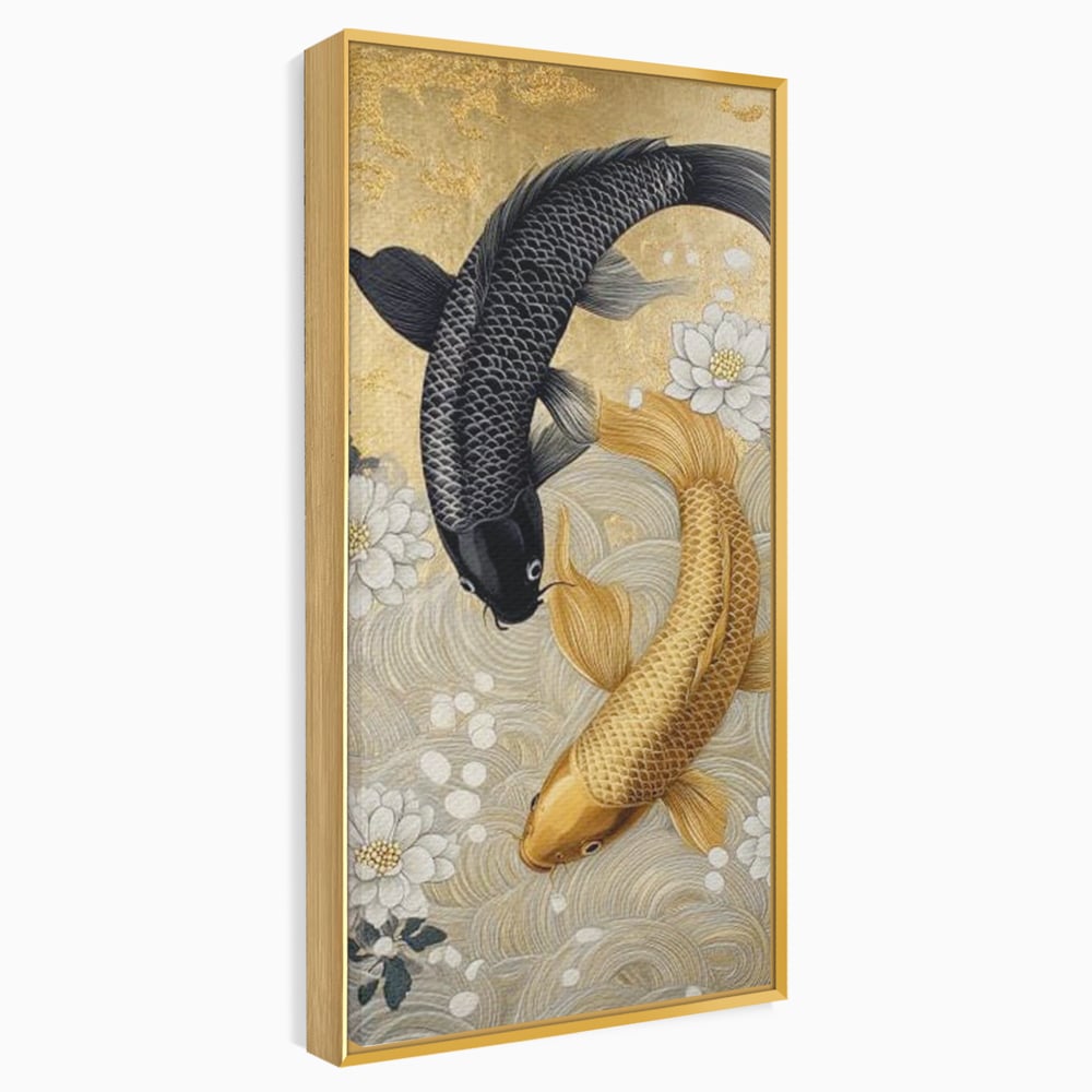 Leinwandbilder Premium, LuxCanva® M1414, Gold und Geheimnis in den Tiefen, Harmonie, Blumen, Schwarz, Gold, Wohlstand, Fische, Koi, Fische, Meditation, Meditation, Zen, Orientalisch, Büro, Wohnen, Kinderzimmer
