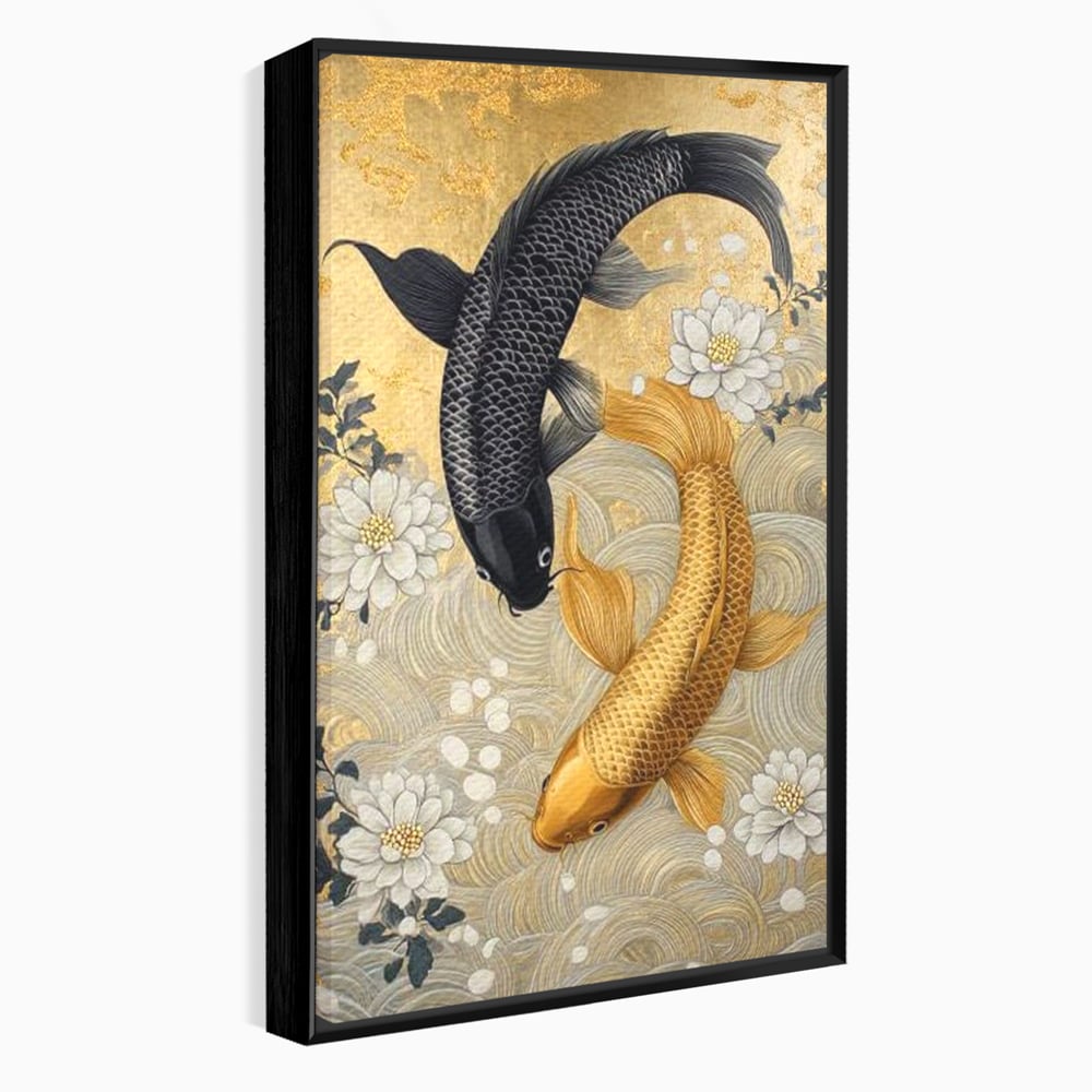 Leinwandbilder Premium, LuxCanva® M1414, Gold und Geheimnis in den Tiefen, Harmonie, Blumen, Schwarz, Gold, Wohlstand, Fische, Koi, Fische, Meditation, Meditation, Zen, Orientalisch, Büro, Wohnen, Kinderzimmer