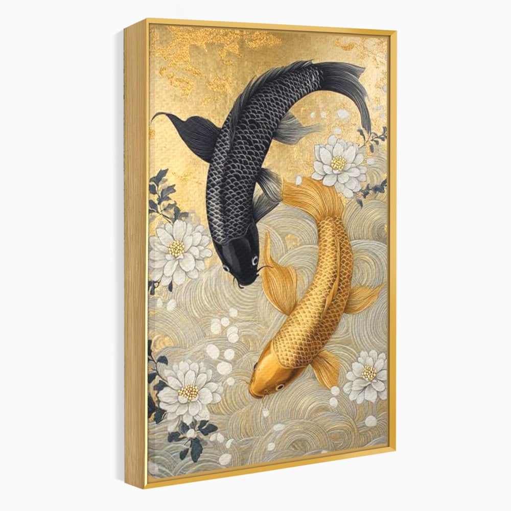 Leinwandbilder Premium, LuxCanva® M1414, Gold und Geheimnis in den Tiefen, Harmonie, Blumen, Schwarz, Gold, Wohlstand, Fische, Koi, Fische, Meditation, Meditation, Zen, Orientalisch, Büro, Wohnen, Kinderzimmer