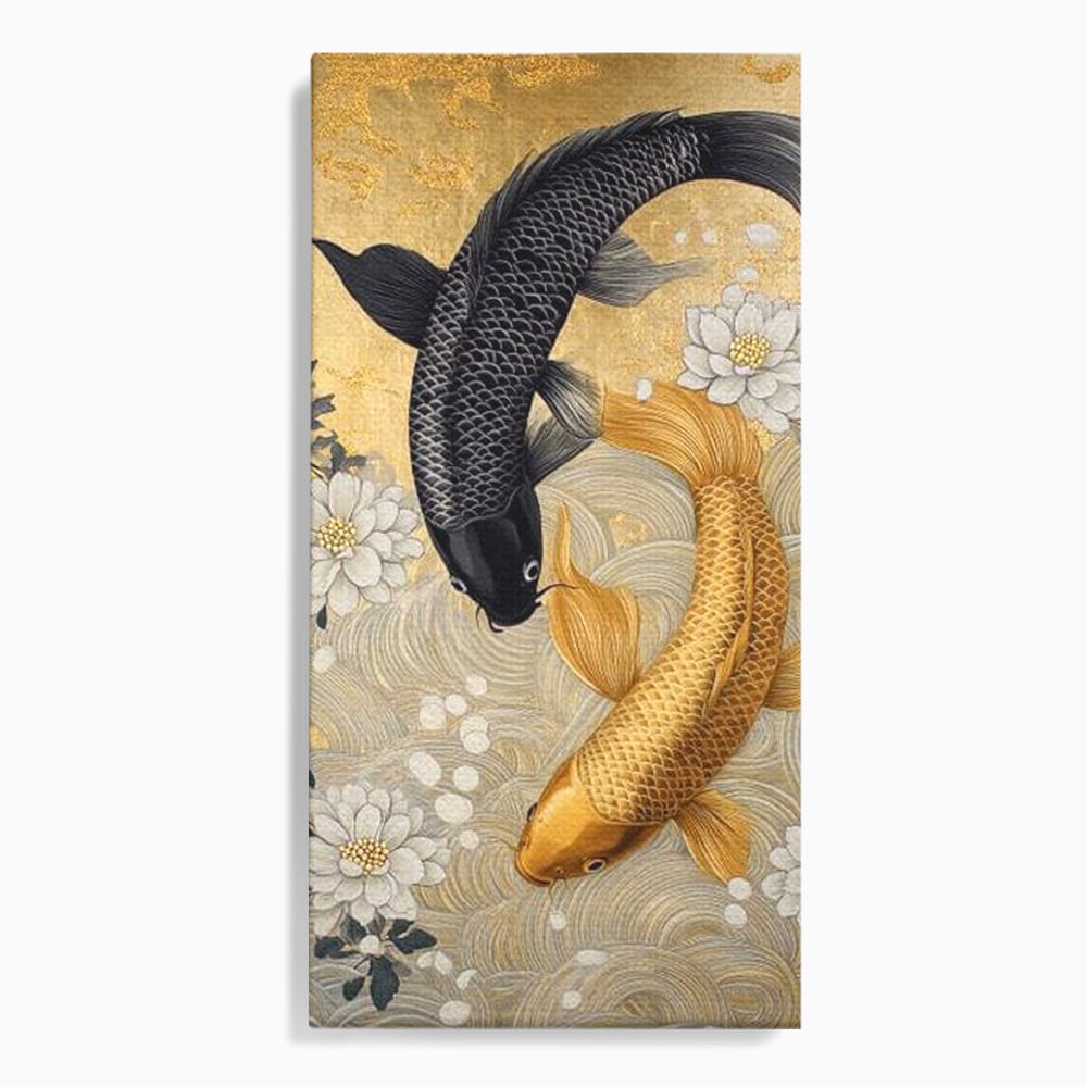 Leinwandbilder Premium, LuxCanva® M1414, Gold und Geheimnis in den Tiefen, Harmonie, Blumen, Schwarz, Gold, Wohlstand, Fische, Koi, Fische, Meditation, Meditation, Zen, Orientalisch, Büro, Wohnen, Kinderzimmer