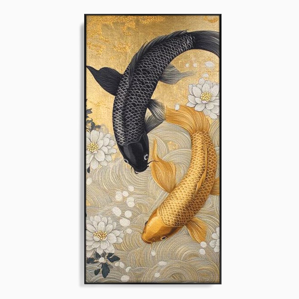 Leinwandbilder Premium, LuxCanva® M1414, Gold und Geheimnis in den Tiefen, Harmonie, Blumen, Schwarz, Gold, Wohlstand, Fische, Koi, Fische, Meditation, Meditation, Zen, Orientalisch, Büro, Wohnen, Kinderzimmer