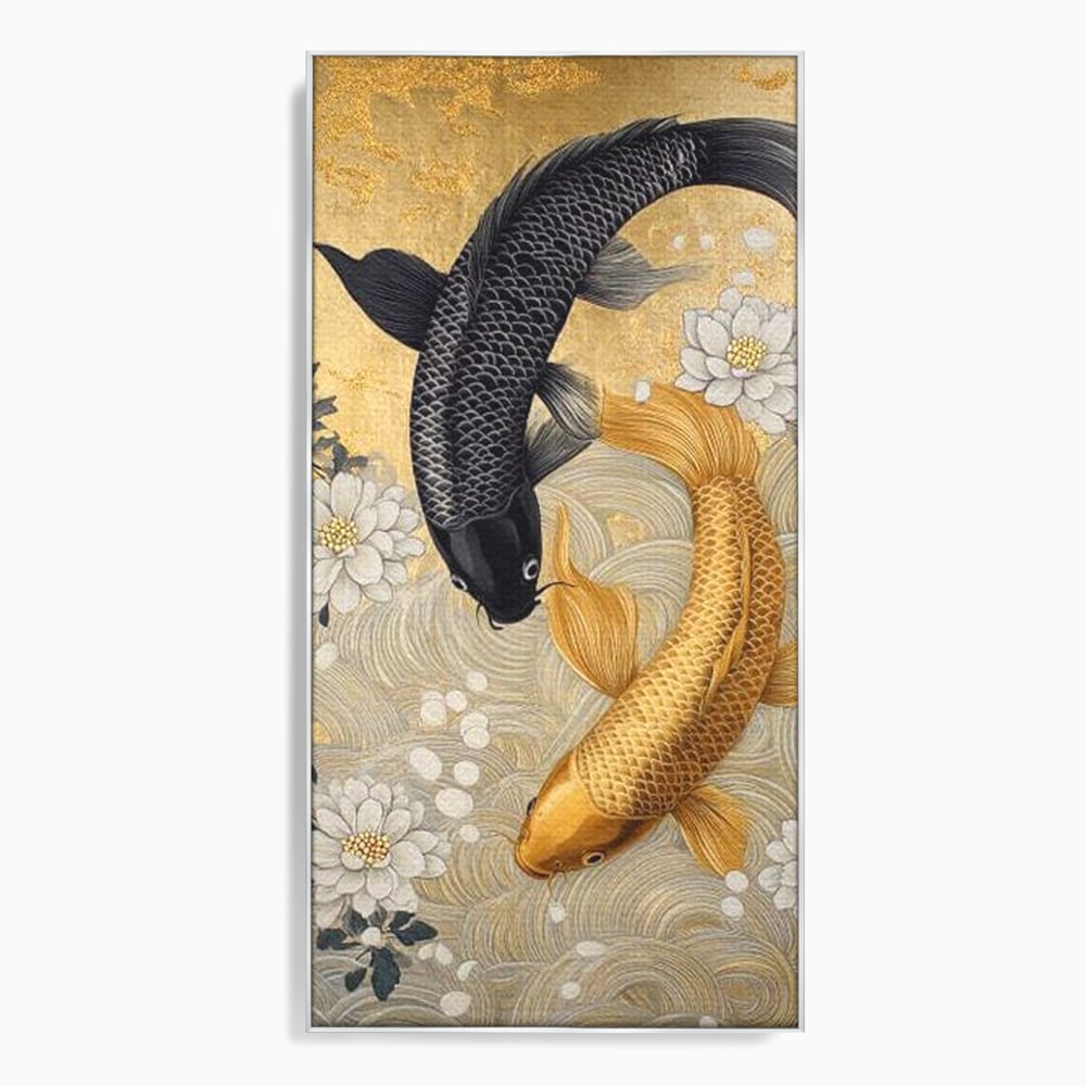 Leinwandbilder Premium, LuxCanva® M1414, Gold und Geheimnis in den Tiefen, Harmonie, Blumen, Schwarz, Gold, Wohlstand, Fische, Koi, Fische, Meditation, Meditation, Zen, Orientalisch, Büro, Wohnen, Kinderzimmer