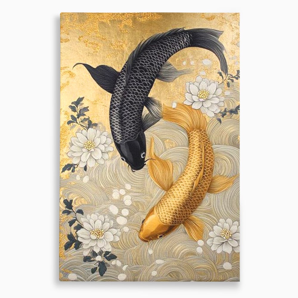 Leinwandbilder Premium, LuxCanva® M1414, Gold und Geheimnis in den Tiefen, Harmonie, Blumen, Schwarz, Gold, Wohlstand, Fische, Koi, Fische, Meditation, Meditation, Zen, Orientalisch, Büro, Wohnen, Kinderzimmer