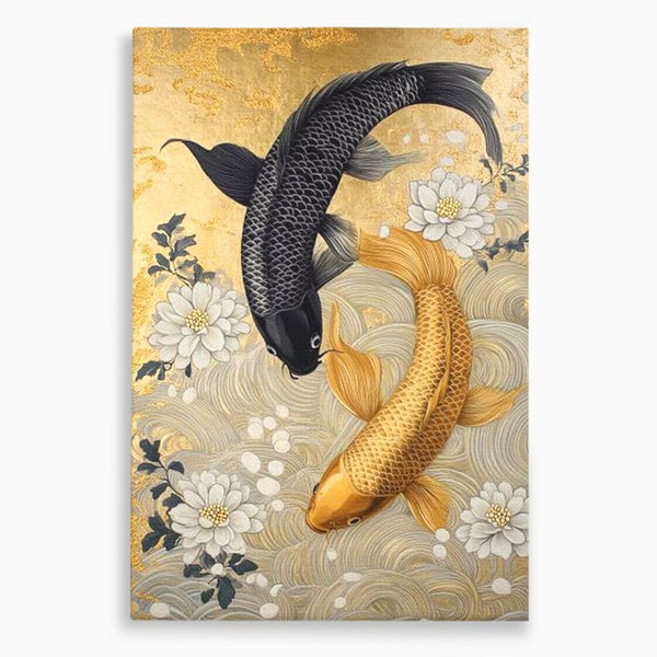 Leinwandbilder Premium, LuxCanva® M1414, Gold und Geheimnis in den Tiefen, Harmonie, Blumen, Schwarz, Gold, Wohlstand, Fische, Koi, Fische, Meditation, Meditation, Zen, Orientalisch, Büro, Wohnen, Kinderzimmer
