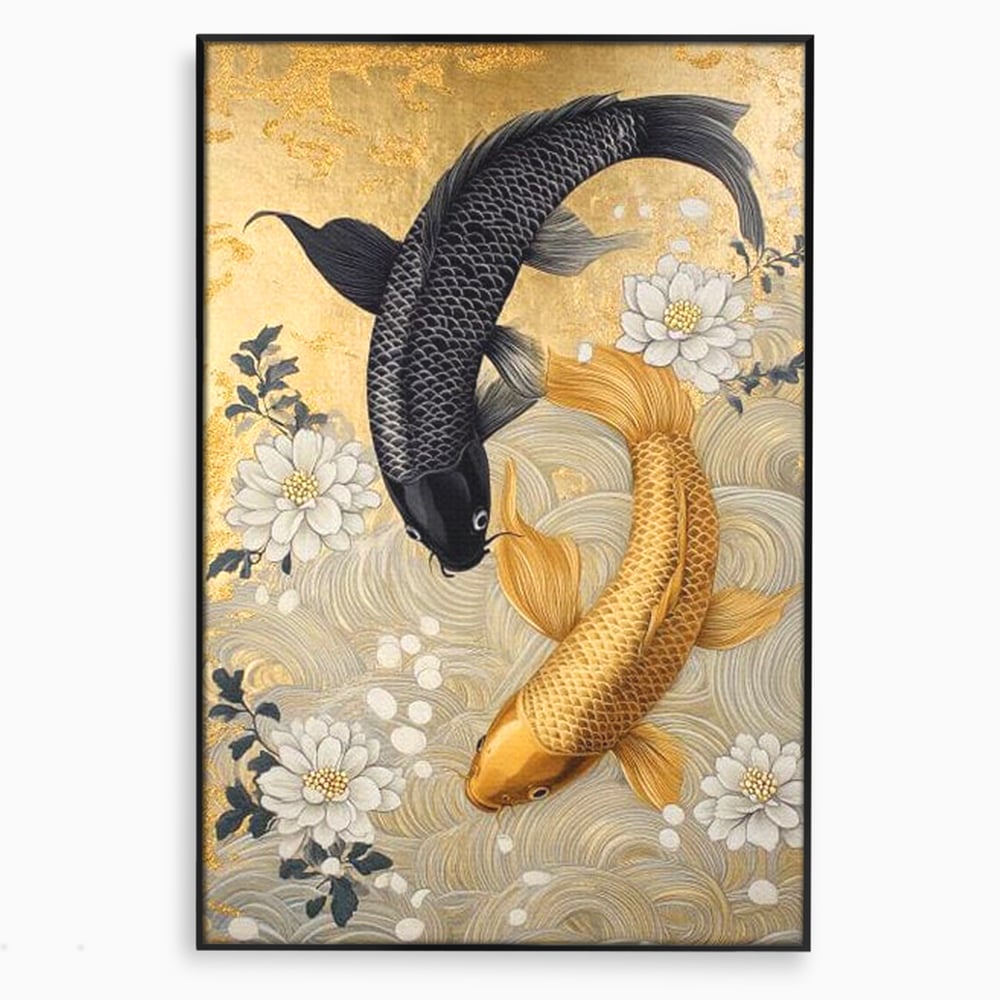Leinwandbilder Premium, LuxCanva® M1414, Gold und Geheimnis in den Tiefen, Harmonie, Blumen, Schwarz, Gold, Wohlstand, Fische, Koi, Fische, Meditation, Meditation, Zen, Orientalisch, Büro, Wohnen, Kinderzimmer