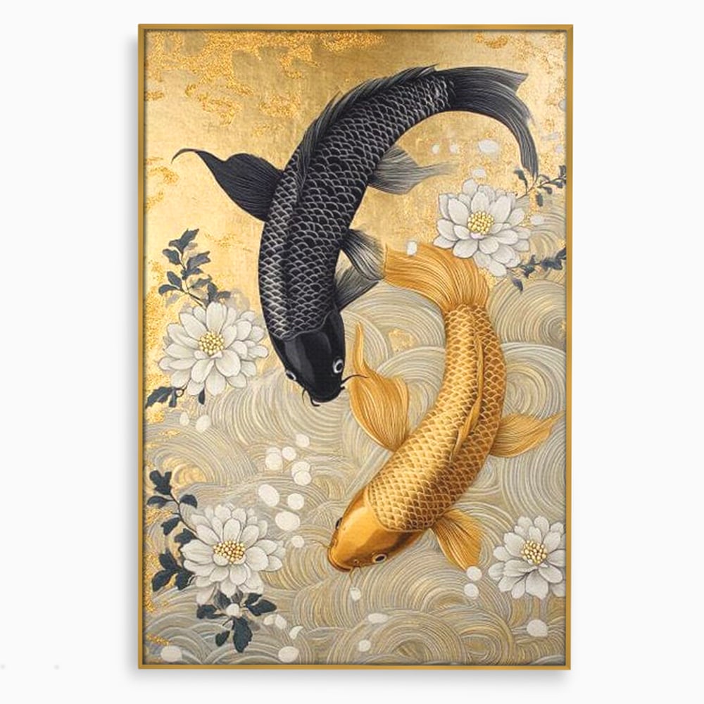 Leinwandbilder Premium, LuxCanva® M1414, Gold und Geheimnis in den Tiefen, Harmonie, Blumen, Schwarz, Gold, Wohlstand, Fische, Koi, Fische, Meditation, Meditation, Zen, Orientalisch, Büro, Wohnen, Kinderzimmer