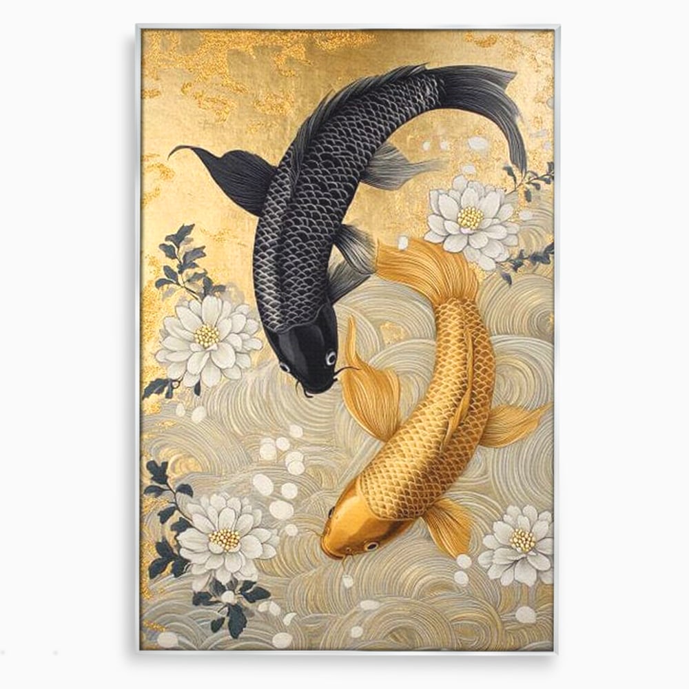 Leinwandbilder Premium, LuxCanva® M1414, Gold und Geheimnis in den Tiefen, Harmonie, Blumen, Schwarz, Gold, Wohlstand, Fische, Koi, Fische, Meditation, Meditation, Zen, Orientalisch, Büro, Wohnen, Kinderzimmer