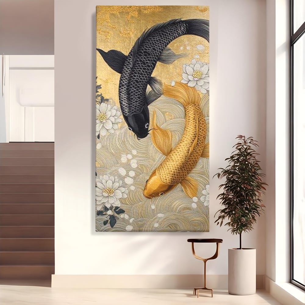 Leinwandbilder Premium, LuxCanva® M1414, Gold und Geheimnis in den Tiefen, Harmonie, Blumen, Schwarz, Gold, Wohlstand, Fische, Koi, Fische, Meditation, Meditation, Zen, Orientalisch, Büro, Wohnen, Kinderzimmer