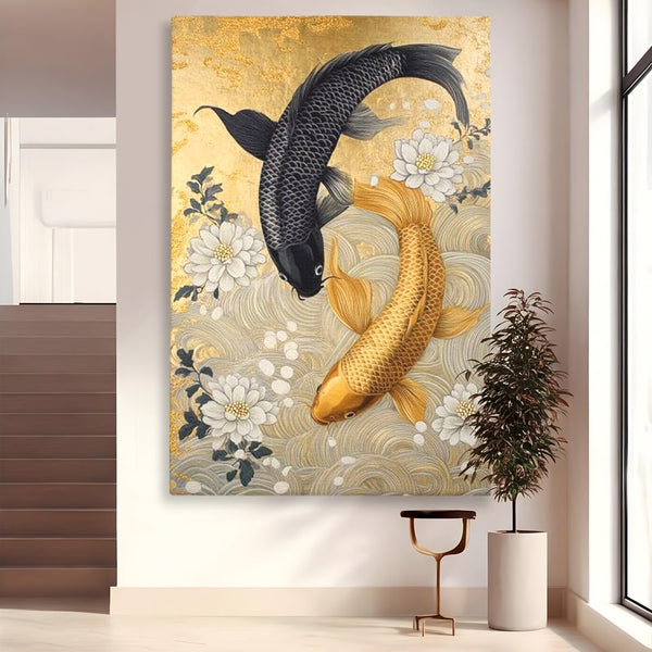 Leinwandbilder Premium, LuxCanva® M1414, Gold und Geheimnis in den Tiefen, Harmonie, Blumen, Schwarz, Gold, Wohlstand, Fische, Koi, Fische, Meditation, Meditation, Zen, Orientalisch, Büro, Wohnen, Kinderzimmer