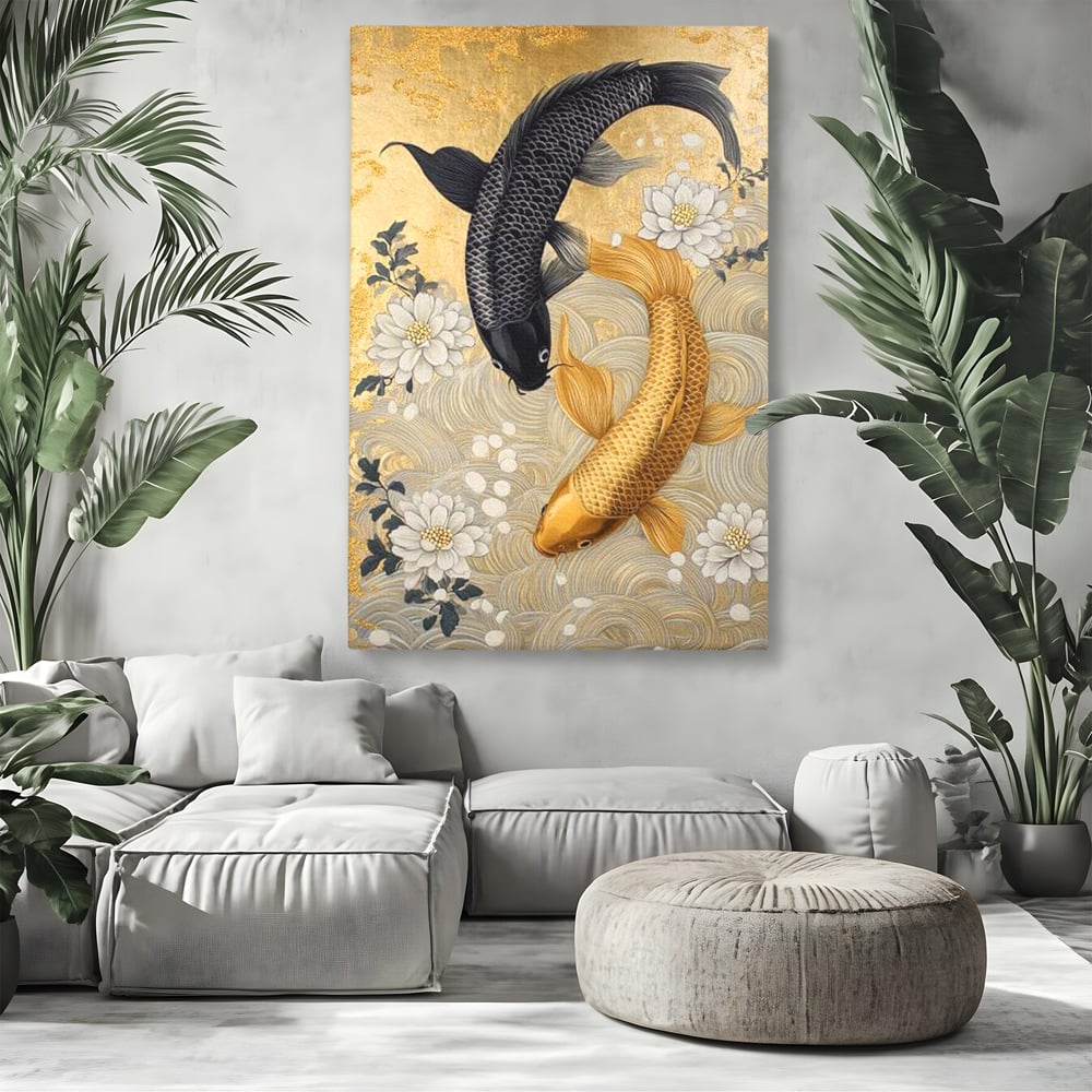 Leinwandbilder Premium, LuxCanva® M1414, Gold und Geheimnis in den Tiefen, Harmonie, Blumen, Schwarz, Gold, Wohlstand, Fische, Koi, Fische, Meditation, Meditation, Zen, Orientalisch, Büro, Wohnen, Kinderzimmer