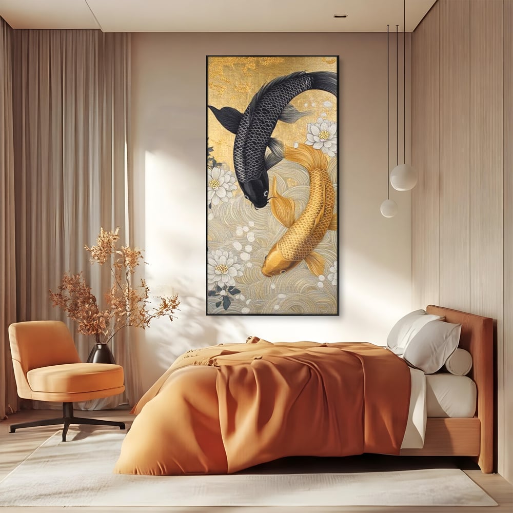 Leinwandbilder Premium, LuxCanva® M1414, Gold und Geheimnis in den Tiefen, Harmonie, Blumen, Schwarz, Gold, Wohlstand, Fische, Koi, Fische, Meditation, Meditation, Zen, Orientalisch, Büro, Wohnen, Kinderzimmer