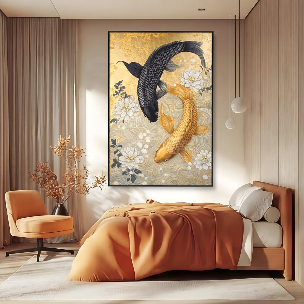 Leinwandbilder Premium, LuxCanva® M1414, Gold und Geheimnis in den Tiefen, Harmonie, Blumen, Schwarz, Gold, Wohlstand, Fische, Koi, Fische, Meditation, Meditation, Zen, Orientalisch, Büro, Wohnen, Kinderzimmer