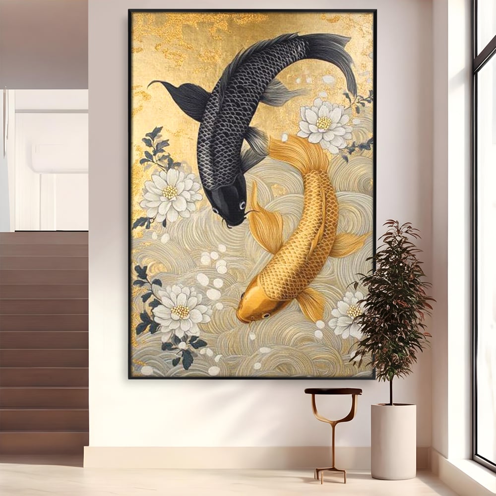 Leinwandbilder Premium, LuxCanva® M1414, Gold und Geheimnis in den Tiefen, Harmonie, Blumen, Schwarz, Gold, Wohlstand, Fische, Koi, Fische, Meditation, Meditation, Zen, Orientalisch, Büro, Wohnen, Kinderzimmer