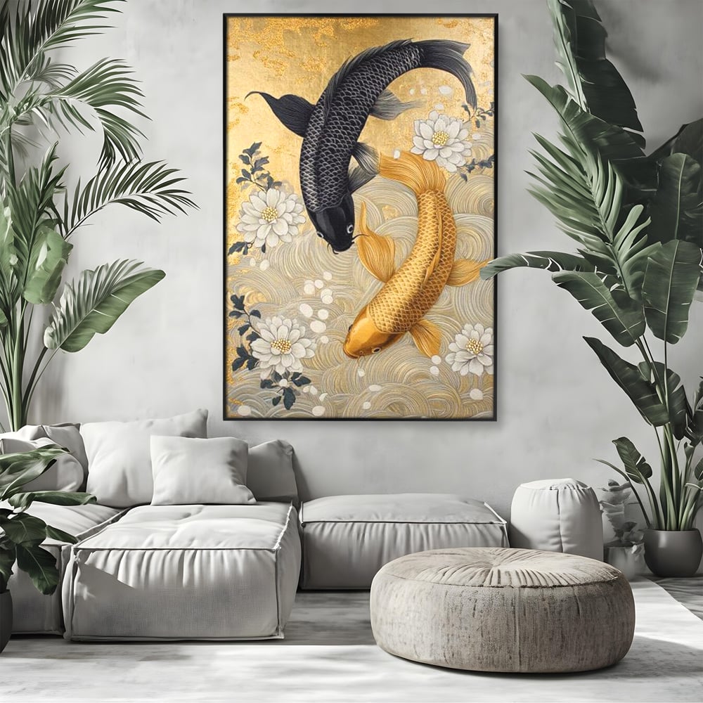 Leinwandbilder Premium, LuxCanva® M1414, Gold und Geheimnis in den Tiefen, Harmonie, Blumen, Schwarz, Gold, Wohlstand, Fische, Koi, Fische, Meditation, Meditation, Zen, Orientalisch, Büro, Wohnen, Kinderzimmer
