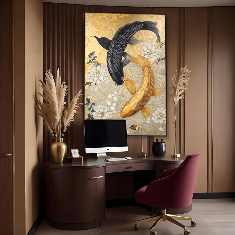 Leinwandbilder Premium, LuxCanva® M1414, Gold und Geheimnis in den Tiefen, Harmonie, Blumen, Schwarz, Gold, Wohlstand, Fische, Koi, Fische, Meditation, Meditation, Zen, Orientalisch, Büro, Wohnen, Kinderzimmer