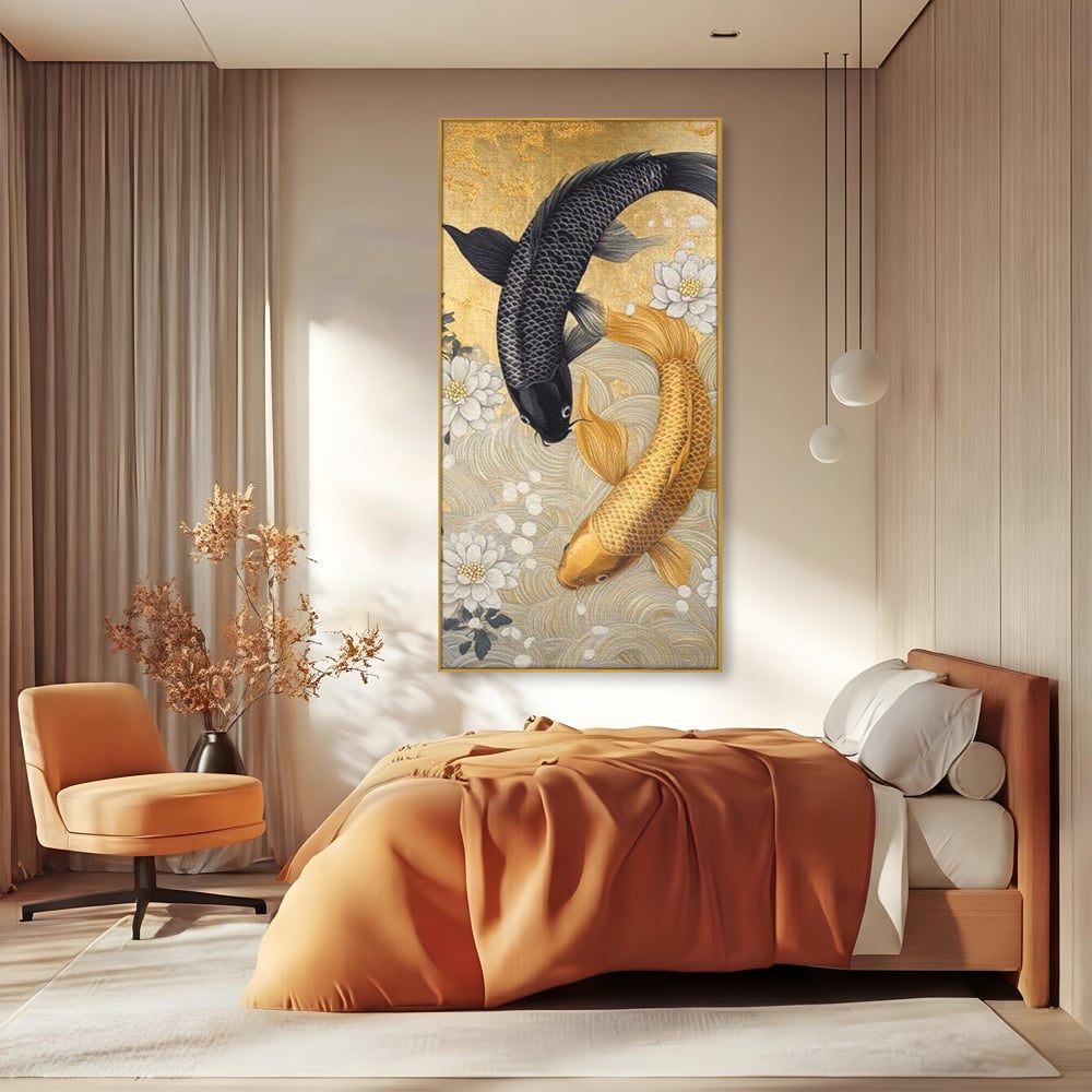 Leinwandbilder Premium, LuxCanva® M1414, Gold und Geheimnis in den Tiefen, Harmonie, Blumen, Schwarz, Gold, Wohlstand, Fische, Koi, Fische, Meditation, Meditation, Zen, Orientalisch, Büro, Wohnen, Kinderzimmer