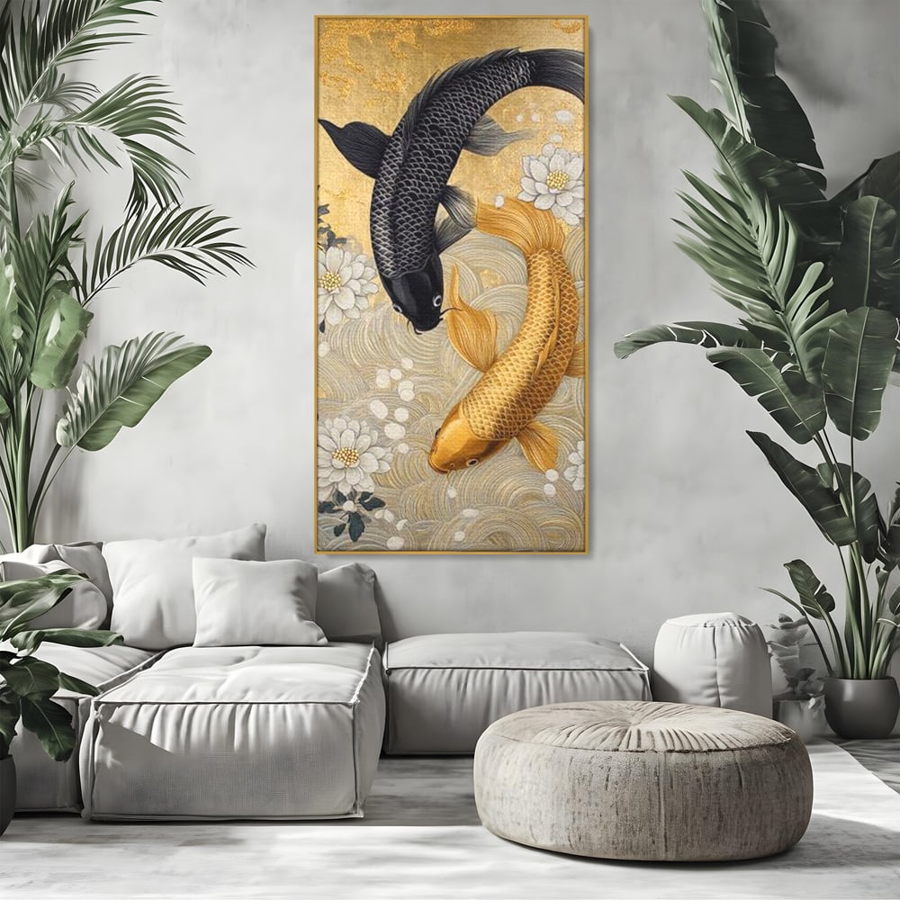 Leinwandbilder Premium, LuxCanva® M1414, Gold und Geheimnis in den Tiefen, Harmonie, Blumen, Schwarz, Gold, Wohlstand, Fische, Koi, Fische, Meditation, Meditation, Zen, Orientalisch, Büro, Wohnen, Kinderzimmer