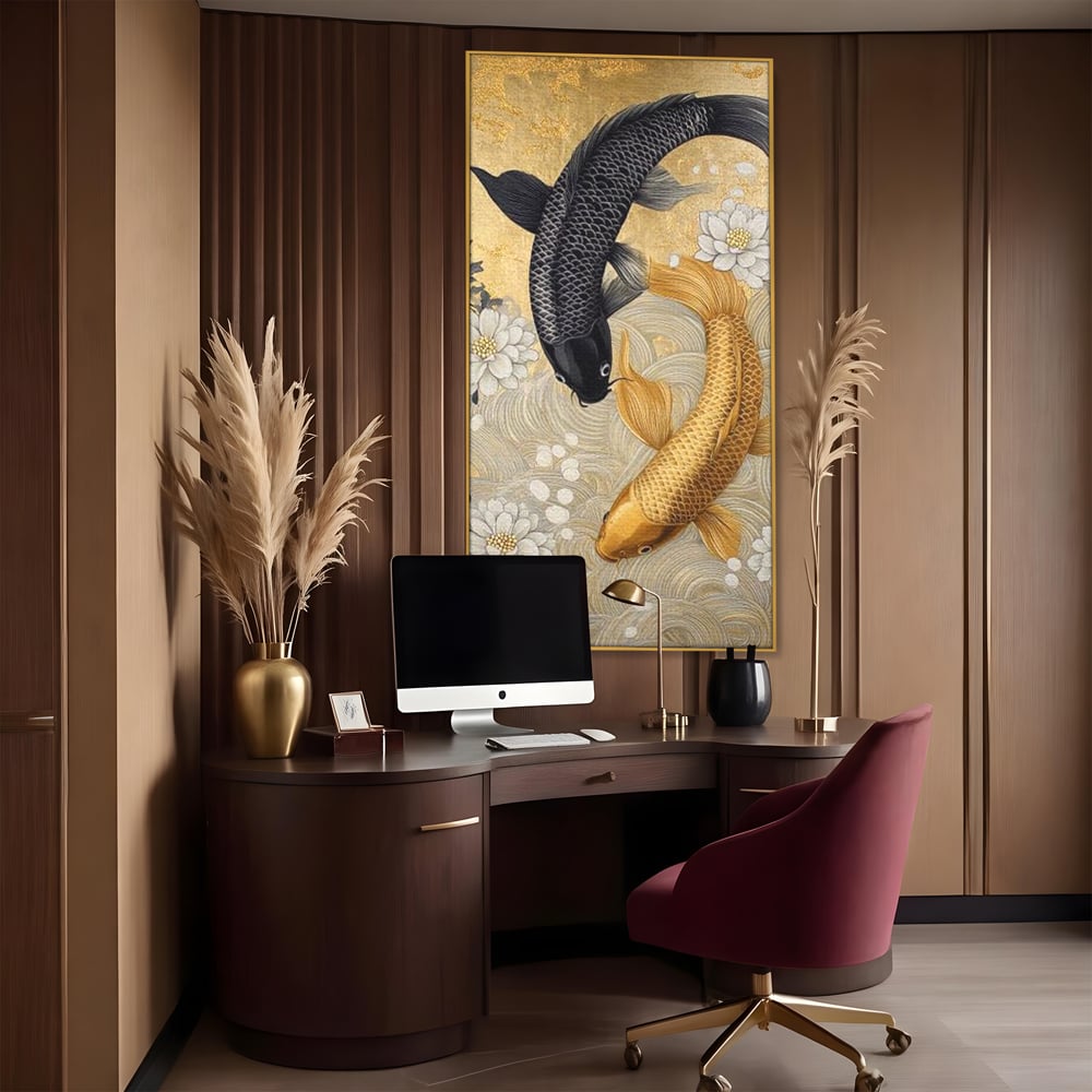Leinwandbilder Premium, LuxCanva® M1414, Gold und Geheimnis in den Tiefen, Harmonie, Blumen, Schwarz, Gold, Wohlstand, Fische, Koi, Fische, Meditation, Meditation, Zen, Orientalisch, Büro, Wohnen, Kinderzimmer