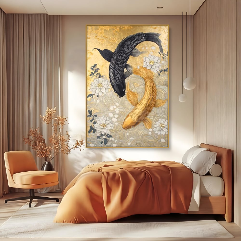 Leinwandbilder Premium, LuxCanva® M1414, Gold und Geheimnis in den Tiefen, Harmonie, Blumen, Schwarz, Gold, Wohlstand, Fische, Koi, Fische, Meditation, Meditation, Zen, Orientalisch, Büro, Wohnen, Kinderzimmer