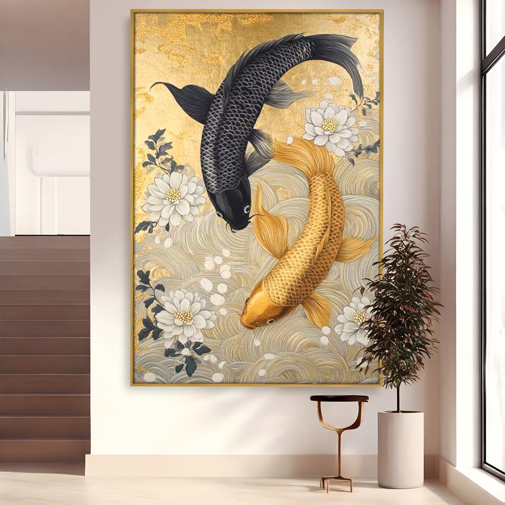 Leinwandbilder Premium, LuxCanva® M1414, Gold und Geheimnis in den Tiefen, Harmonie, Blumen, Schwarz, Gold, Wohlstand, Fische, Koi, Fische, Meditation, Meditation, Zen, Orientalisch, Büro, Wohnen, Kinderzimmer