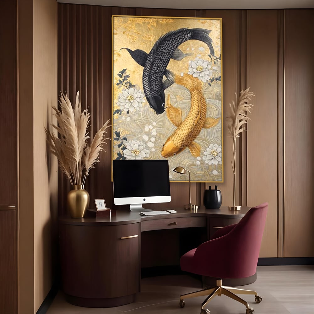 Leinwandbilder Premium, LuxCanva® M1414, Gold und Geheimnis in den Tiefen, Harmonie, Blumen, Schwarz, Gold, Wohlstand, Fische, Koi, Fische, Meditation, Meditation, Zen, Orientalisch, Büro, Wohnen, Kinderzimmer