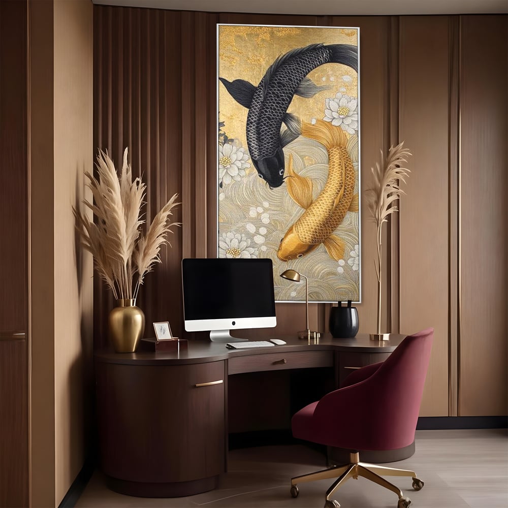 Leinwandbilder Premium, LuxCanva® M1414, Gold und Geheimnis in den Tiefen, Harmonie, Blumen, Schwarz, Gold, Wohlstand, Fische, Koi, Fische, Meditation, Meditation, Zen, Orientalisch, Büro, Wohnen, Kinderzimmer