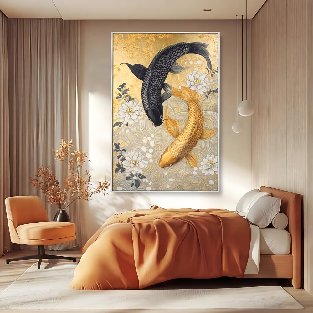 Leinwandbilder Premium, LuxCanva® M1414, Gold und Geheimnis in den Tiefen, Harmonie, Blumen, Schwarz, Gold, Wohlstand, Fische, Koi, Fische, Meditation, Meditation, Zen, Orientalisch, Büro, Wohnen, Kinderzimmer