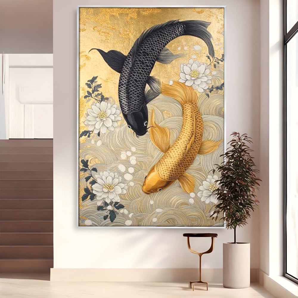 Leinwandbilder Premium, LuxCanva® M1414, Gold und Geheimnis in den Tiefen, Harmonie, Blumen, Schwarz, Gold, Wohlstand, Fische, Koi, Fische, Meditation, Meditation, Zen, Orientalisch, Büro, Wohnen, Kinderzimmer