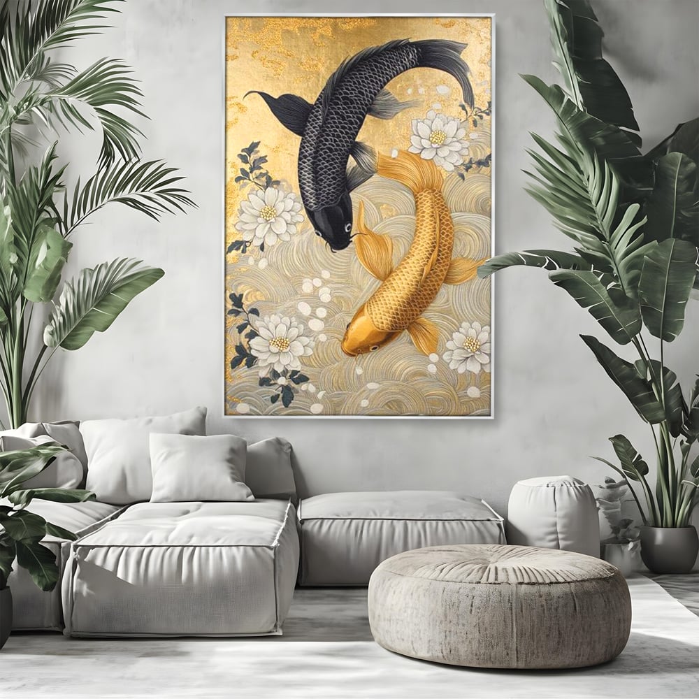 Leinwandbilder Premium, LuxCanva® M1414, Gold und Geheimnis in den Tiefen, Harmonie, Blumen, Schwarz, Gold, Wohlstand, Fische, Koi, Fische, Meditation, Meditation, Zen, Orientalisch, Büro, Wohnen, Kinderzimmer