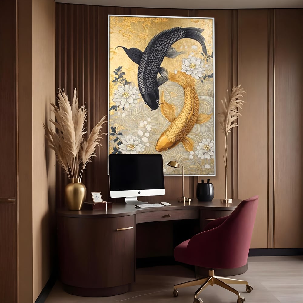 Leinwandbilder Premium, LuxCanva® M1414, Gold und Geheimnis in den Tiefen, Harmonie, Blumen, Schwarz, Gold, Wohlstand, Fische, Koi, Fische, Meditation, Meditation, Zen, Orientalisch, Büro, Wohnen, Kinderzimmer