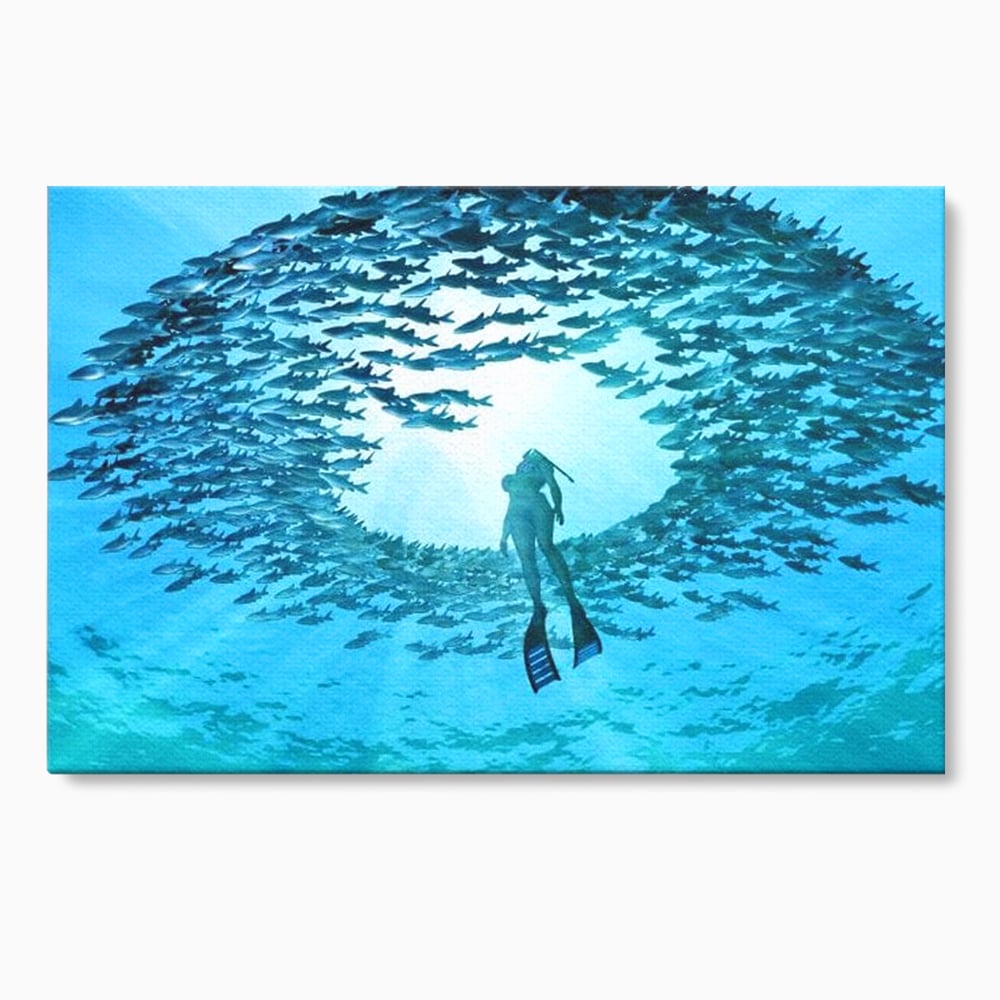 Leinwand Wandkunst Canvas Premium, LuxCanva® M1415, Ozean Dressing, Taucher, Wasser, Ozean, Fisch, Kreis, Kreis, Strudel, tief, Licht, Tanzen, Büro, Wohnen, Kinderzimmer