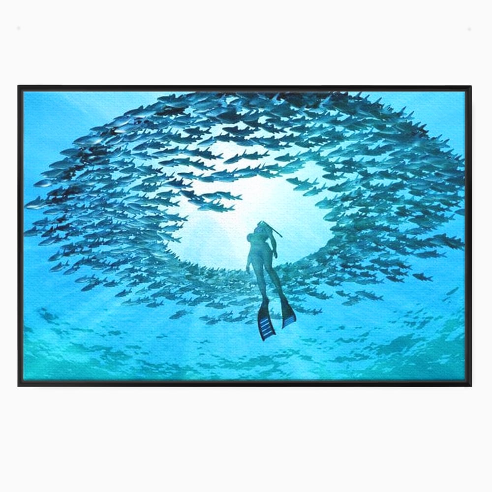 Leinwand Wandkunst Canvas Premium, LuxCanva® M1415, Ozean Dressing, Taucher, Wasser, Ozean, Fisch, Kreis, Kreis, Strudel, tief, Licht, Tanzen, Büro, Wohnen, Kinderzimmer