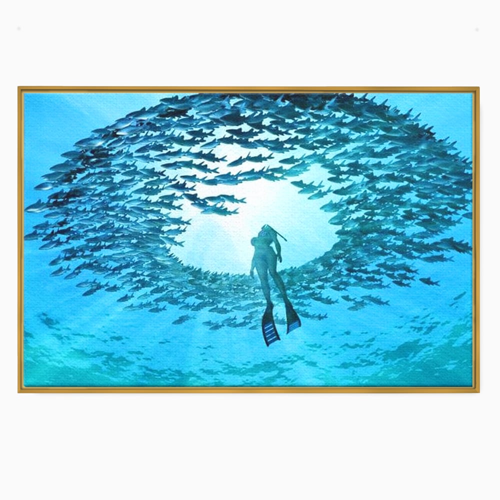 Leinwand Wandkunst Canvas Premium, LuxCanva® M1415, Ozean Dressing, Taucher, Wasser, Ozean, Fisch, Kreis, Kreis, Strudel, tief, Licht, Tanzen, Büro, Wohnen, Kinderzimmer