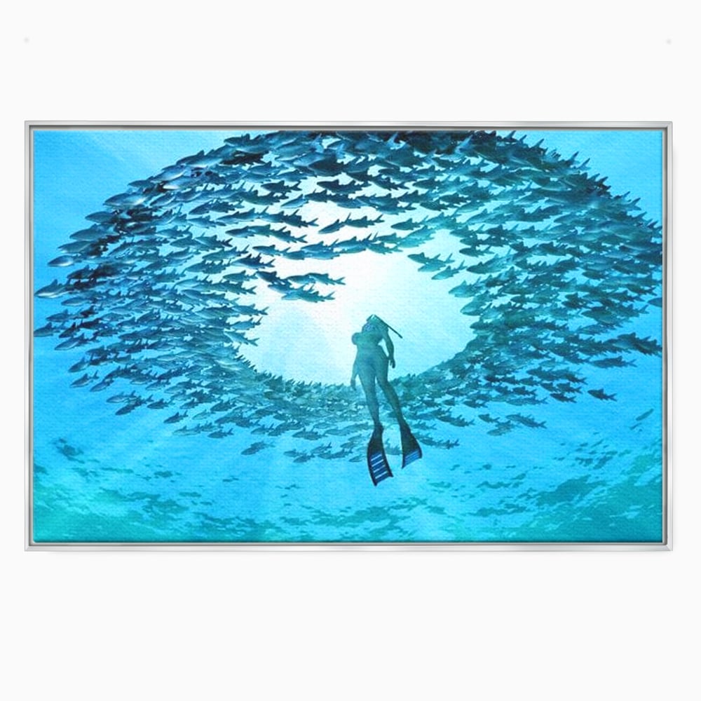 Leinwand Wandkunst Canvas Premium, LuxCanva® M1415, Ozean Dressing, Taucher, Wasser, Ozean, Fisch, Kreis, Kreis, Strudel, tief, Licht, Tanzen, Büro, Wohnen, Kinderzimmer
